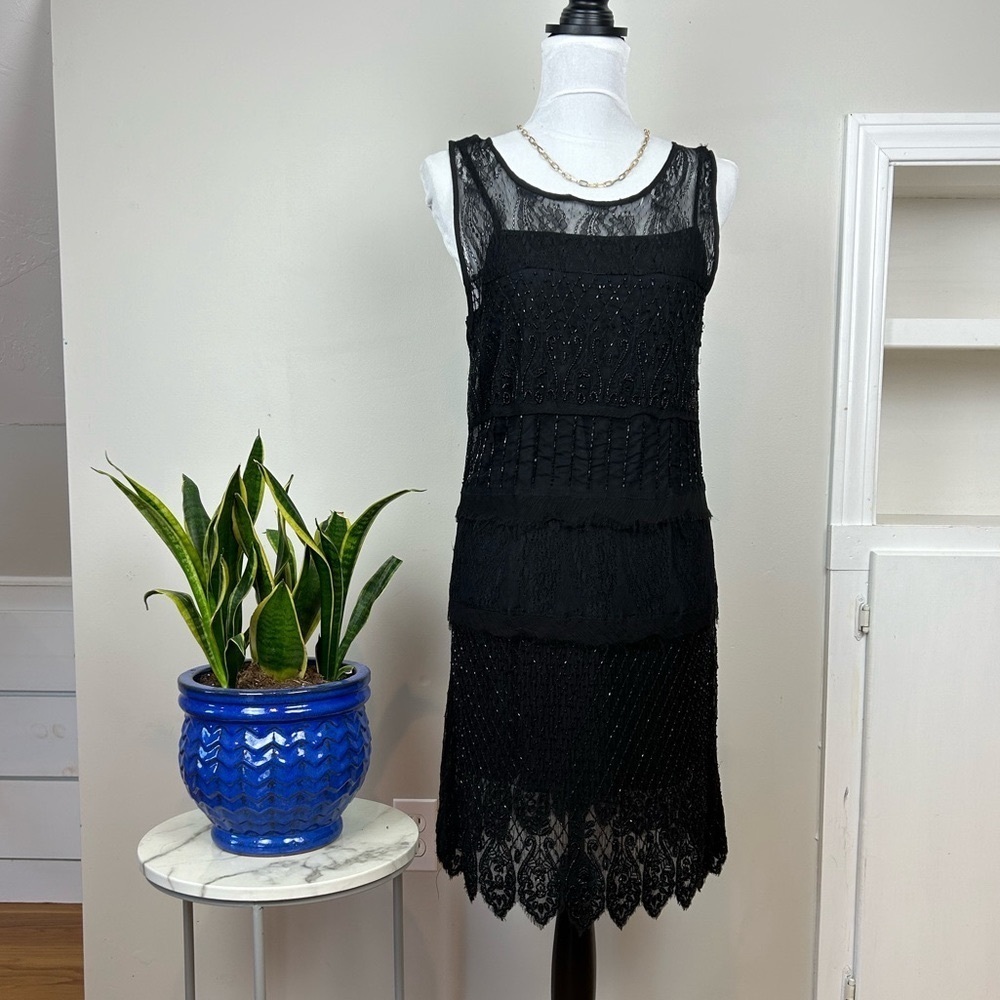 URBAN OUTFITTERS Sleeveless Black Beaded Lace Cocktail Party Mini Midi Dress